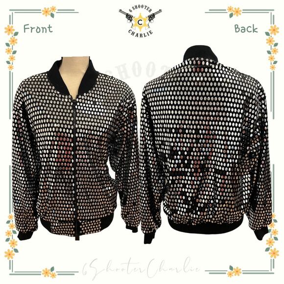 Monaliza High Fashion Jacket Womens Vintage Metallic Polyester Front Zip Black - Picture 1 of 4